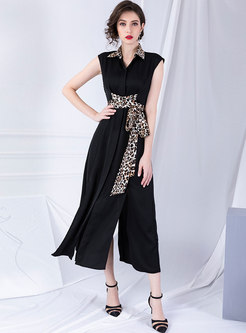 Leopard Splicing Tied High Waist Split Maxi Dress