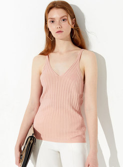 Brief V-neck Backless Striped Knitted Tank