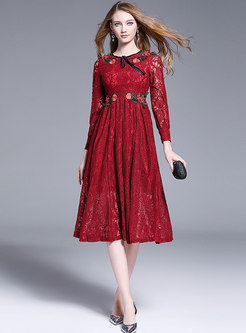 Red Crew Neck Lace Openwork Skater Dress