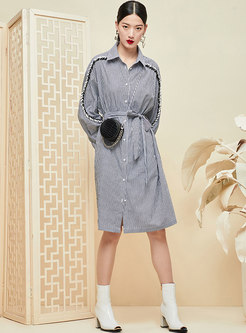 Casual Striped Single-breasted Tied T-shirt Dress