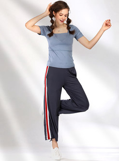 Solid Color Breathable T-shirt & Striped Splicing Pants