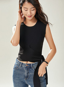 Brief O-neck Pure Color Tied Sleeveless Top 