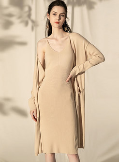 Solid Color V-neck Backless Split Knitted Dress