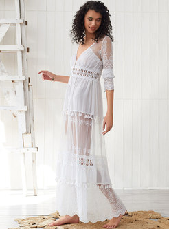 Sexy See-though Lace V-neck Bohemian Maxi Dress