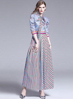 Multi Color Tied-collar Striped Splicing Maxi Dress 