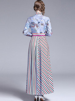 Multi Color Tied-collar Striped Splicing Maxi Dress 