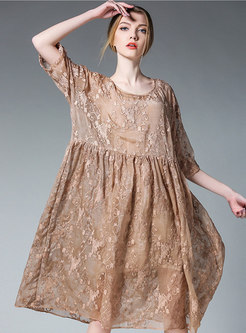 Solid Color Plus Size Loose Embroidered Shift Dress