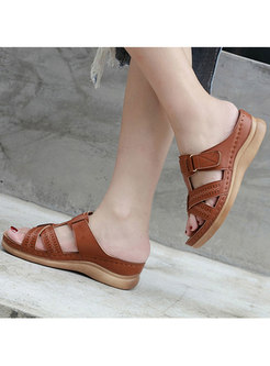 Vintage Color-blocked Hollow Out Wedges Slippers