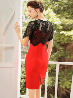 O-neck Lace Splicing Red Split Bodycon Dress
