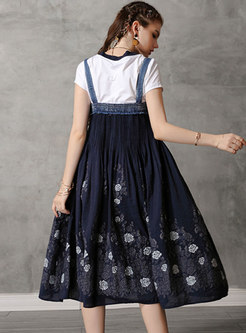 Vintage Embroidered Gathered Waist Slip A Line Dress