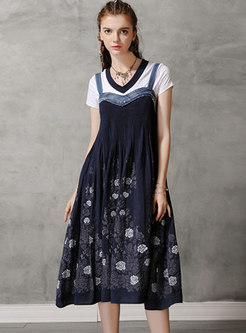 Vintage Embroidered Gathered Waist Slip A Line Dress