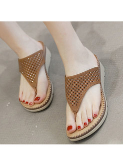 Rhinestone Pure Color Wedges Breathable Casual Slippers