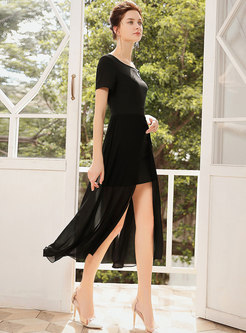 Summer Asymmetric Black Chiffon Party Maxi Dress