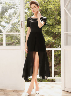 Summer Asymmetric Black Chiffon Party Maxi Dress