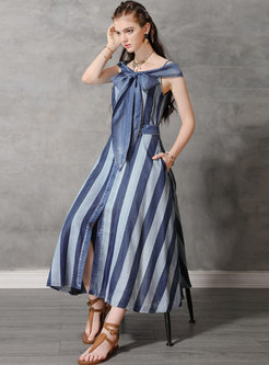Stylish Denim Backless Slash Neck Striped Maxi Dress
