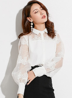 Embroidery Hollow Out Splicing Organza Blouse