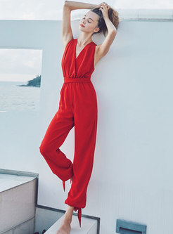 Stylish Backless High Waist Red Seaside Holiday Jumpsuit