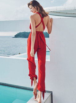 Stylish Backless High Waist Red Seaside Holiday Jumpsuit