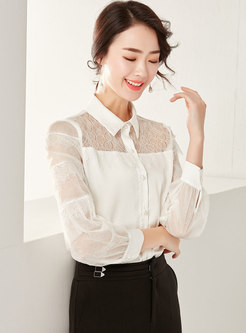 See-though Lace Mesh Splicing Lapel White Blouse
