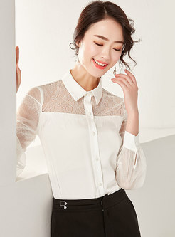 See-though Lace Mesh Splicing Lapel White Blouse