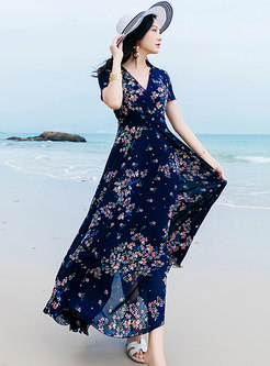 Boho Chiffon Floral Print Big Hem Holiday Maxi Dress