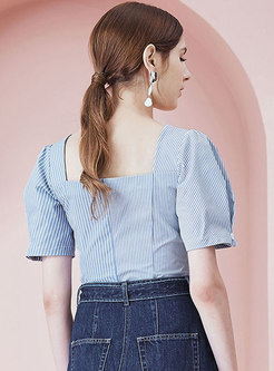 Blue And White Striped Retro Puff Sleeve Blouse