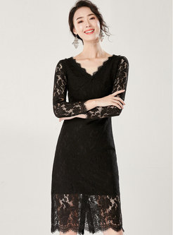 V-neck Pure Color Transparent Sheath Lace Dress