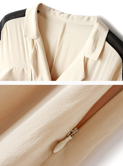 Color-blocked Splicing Belted Silk Sheath Dress