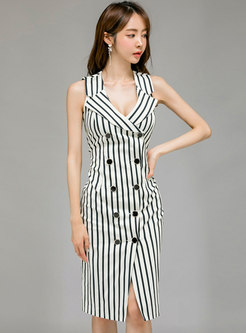 Stylish Striped Work Double-breasted Split Bodycon Dress