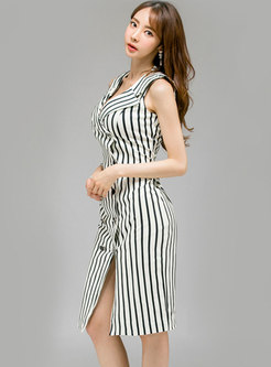 Stylish Striped Work Double-breasted Split Bodycon Dress