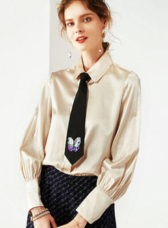 Summer Beaded Embroidered Lapel Silk Blouse