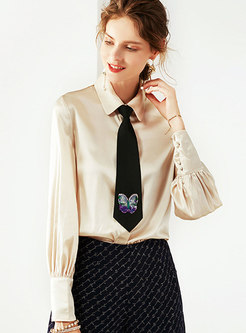 Summer Beaded Embroidered Lapel Silk Blouse