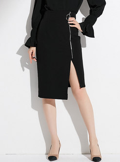 Stylish Pure Color Zipper Split Irregular Skirt