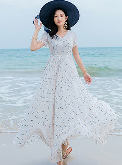 Chiffon Floral V-neck Beach Vacation Maxi Dress