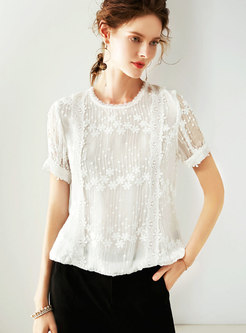 Solid Color Embroidered Silk Short Sleeve T-shirt