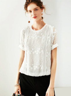 Solid Color Embroidered Silk Short Sleeve T-shirt