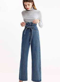 High Waist Tied Casual Wide Leg Jeans