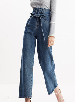 High Waist Tied Casual Wide Leg Jeans