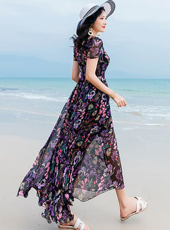 Print Gathered Waist Big Hem Beach Maxi Dress