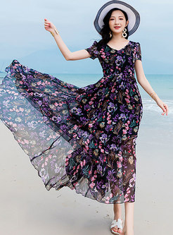 Print Gathered Waist Big Hem Beach Maxi Dress
