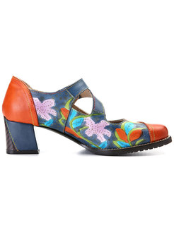 Vintage Color-blocked Leather Chunky Heel Shoes