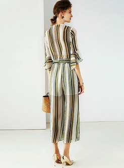 Stylish Silk V-neck Striped Tied Two Piece Outfits