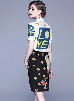 Lapel Star Pattern Blouse & Cartoon Print Sheath Skirt