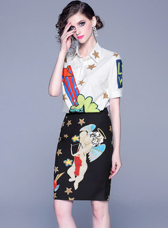 Lapel Star Pattern Blouse & Cartoon Print Sheath Skirt