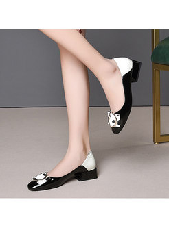 Color-blocked Slit Chunky Heel Leather Shoes