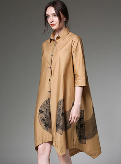 Asymmetric Lapel Print Khaki Loose T-shirt Dress