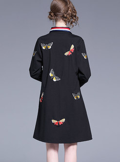 Butterfly Embroidered Black Lapel Slim Skater Dress