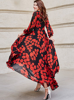 Stylish Color-blocked Print Chiffon Maxi Dress