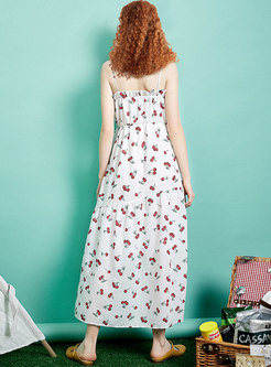 Fashion Cherry Print Flouncing Asymmetric Maxi Dress