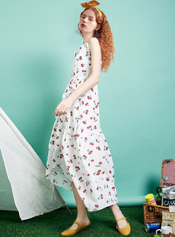 Fashion Cherry Print Flouncing Asymmetric Maxi Dress